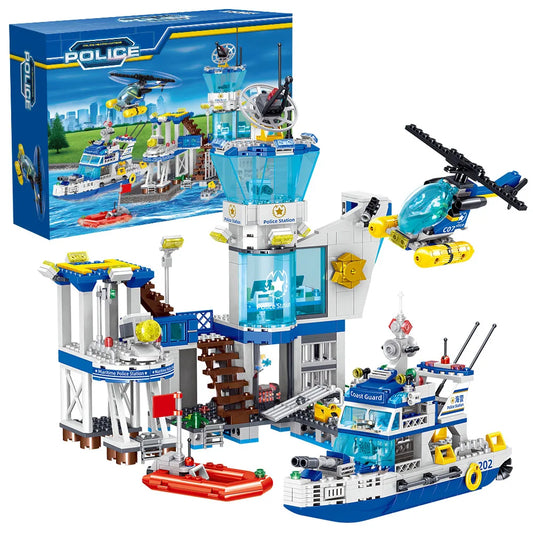 Premium Lego Compatible City Ocean Police Station Building Blocks Set With Helicopter And Search Boat For Kids - ToylandEU