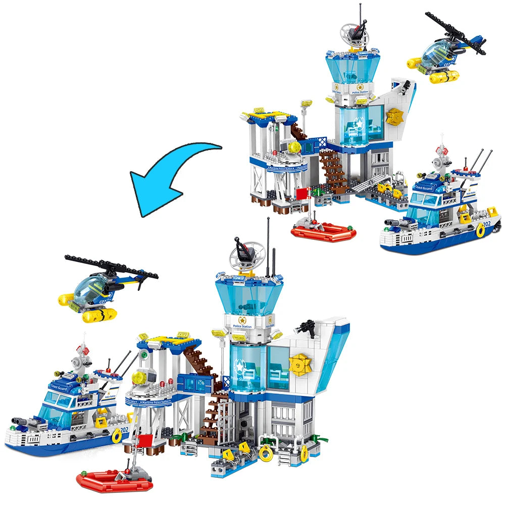 Premium Lego Compatible City Ocean Police Station Building Blocks Set With Helicopter And Search Boat For Kids - ToylandEU