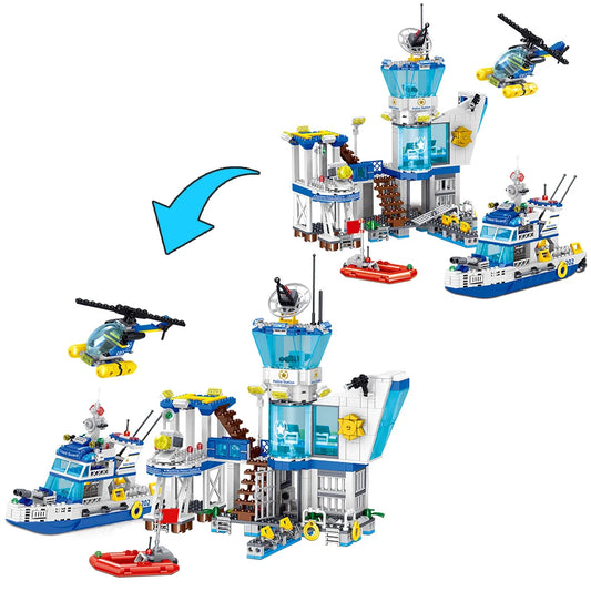 Premium Lego Compatible City Ocean Police Station Building Blocks Set With Helicopter And Search Boat For Kids - ToylandEU