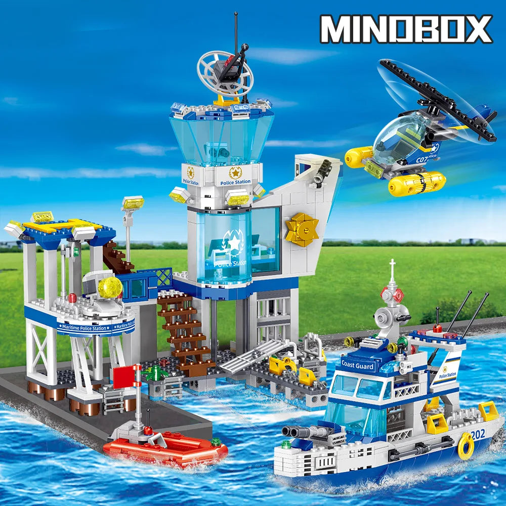 Premium Lego Compatible City Ocean Police Station Building Blocks Set With Helicopter And Search Boat For Kids - ToylandEU