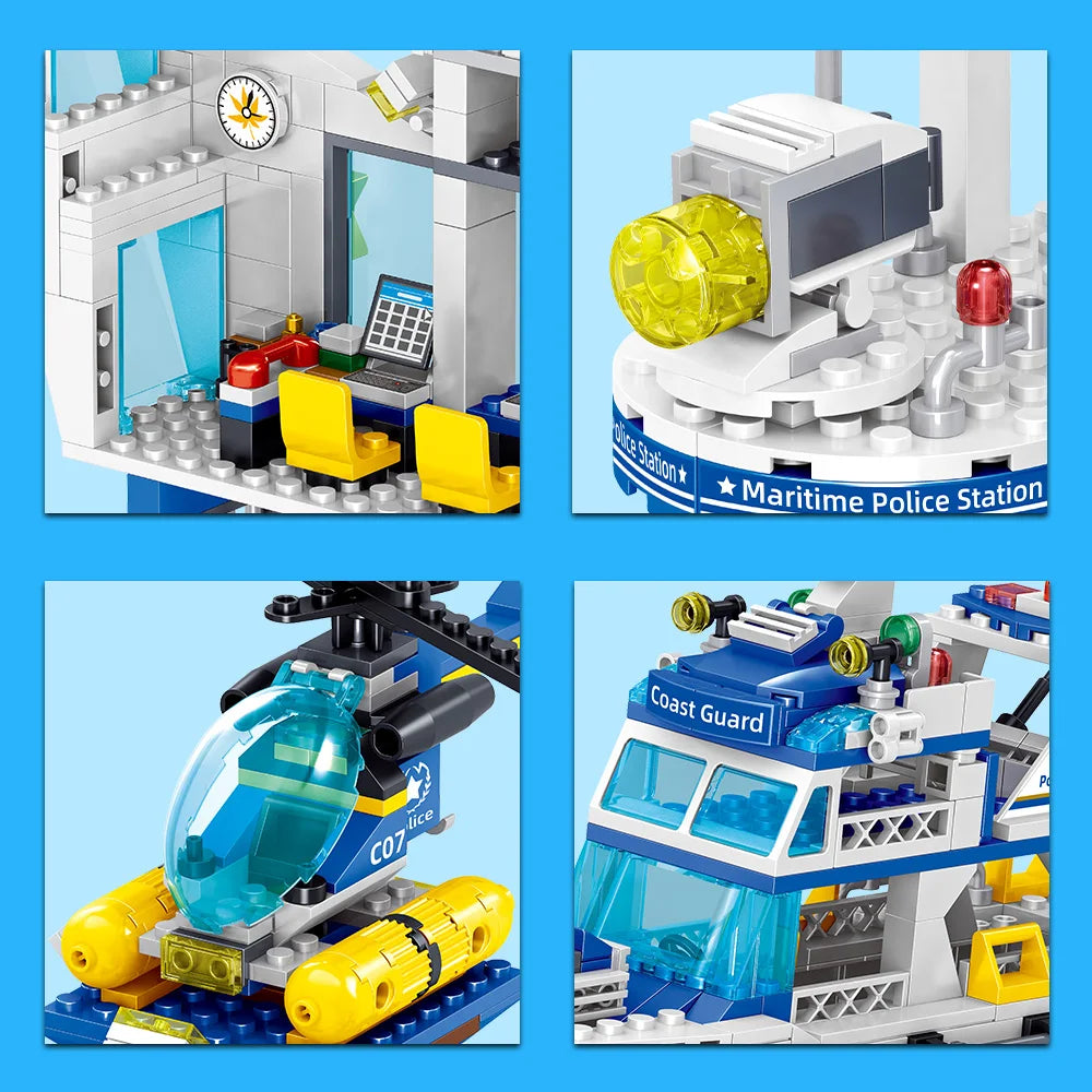 Premium Lego Compatible City Ocean Police Station Building Blocks Set With Helicopter And Search Boat For Kids - ToylandEU