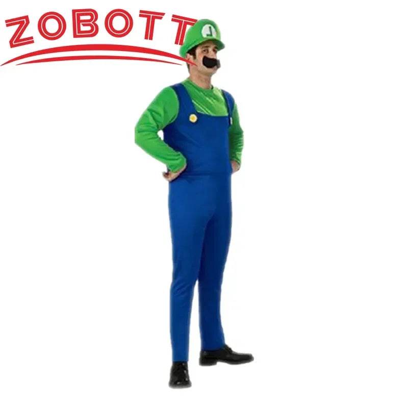 Premium Luigi Cosplay Costume Unisex Jumpsuit Beard Hat - ToylandEU
