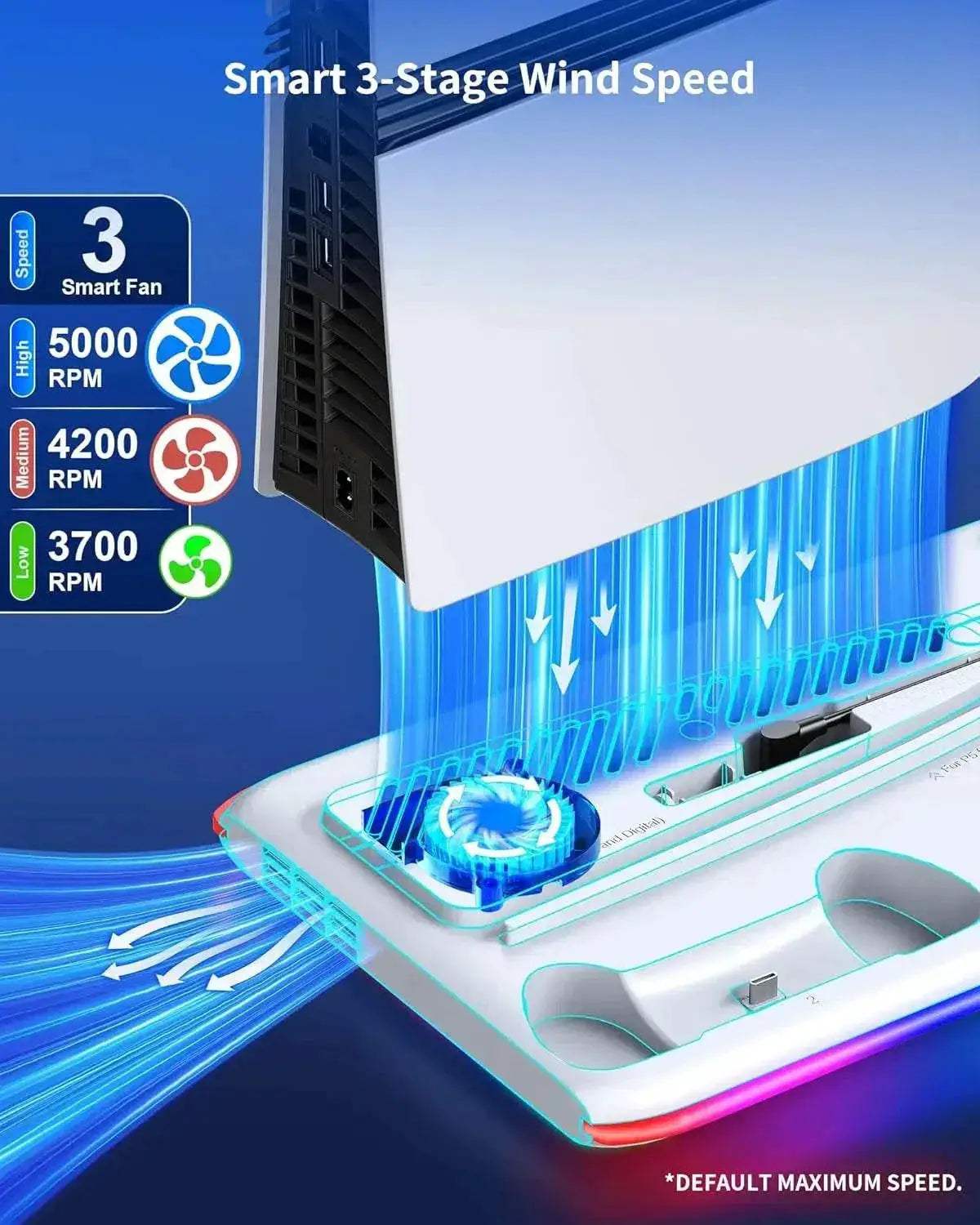 Premium PS5 Cooling Stand with LED Controller Charging Station and Adjustable 3-Gear Fan for PlayStation 5 Gamers - ToylandEU