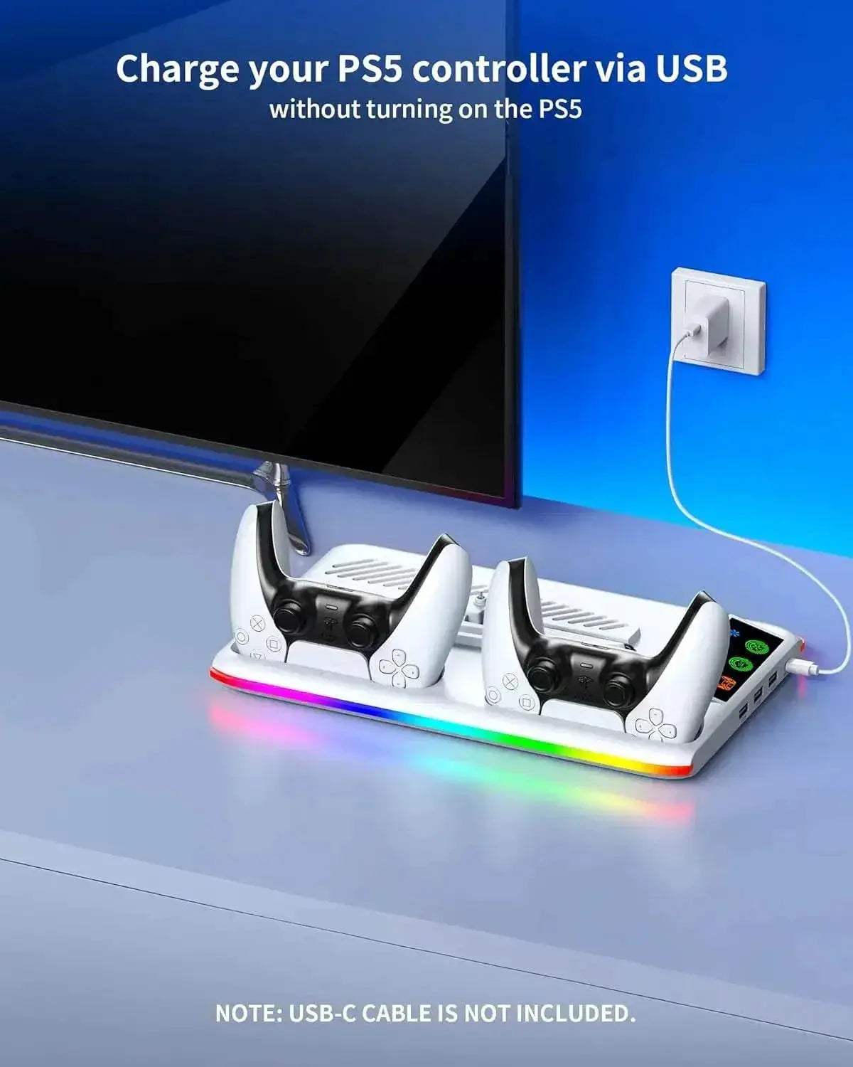Premium PS5 Cooling Stand with LED Controller Charging Station and Adjustable 3-Gear Fan for PlayStation 5 Gamers - ToylandEU