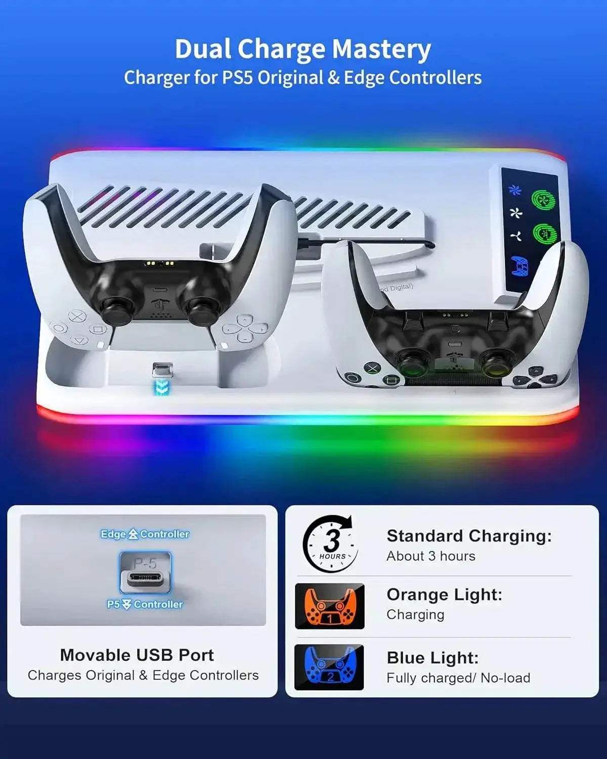 Premium PS5 Cooling Stand with LED Controller Charging Station and Adjustable 3-Gear Fan for PlayStation 5 Gamers - ToylandEU