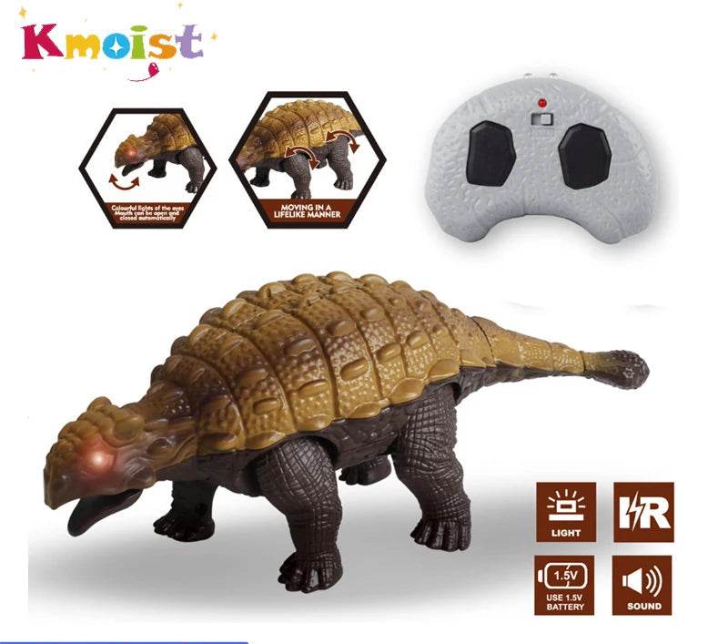 Toy dinosaur with remote control and features on a white background
