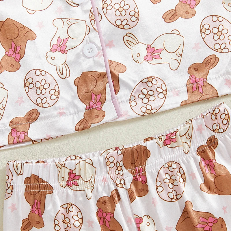 Premium Satin Pajama Set For Toddler Girls Easter Bunny And Carrot Print Long Sleeve Button Up Top And Pants 2 Piece - ToylandEU