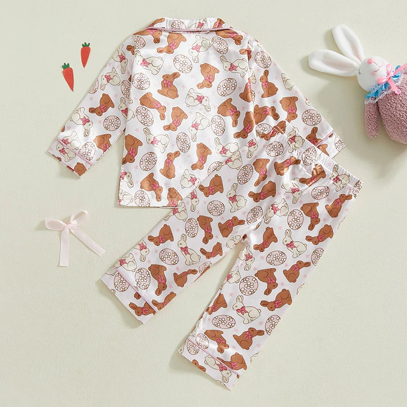 Premium Satin Pajama Set For Toddler Girls Easter Bunny And Carrot Print Long Sleeve Button Up Top And Pants 2 Piece - ToylandEU