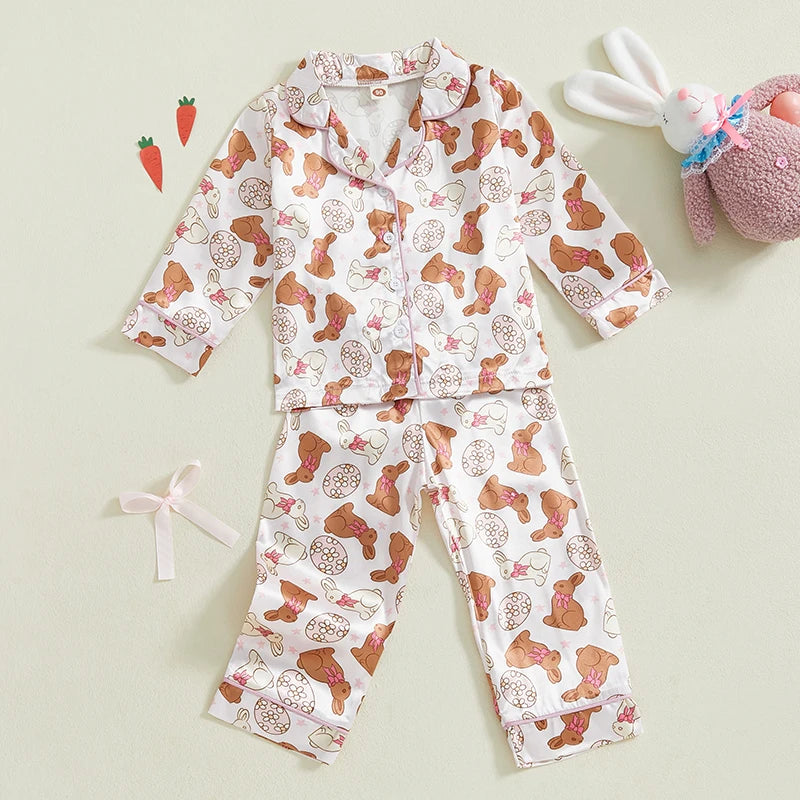 Premium Satin Pajama Set For Toddler Girls Easter Bunny And Carrot Print Long Sleeve Button Up Top And Pants 2 Piece - ToylandEU