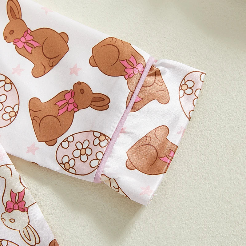 Premium Satin Pajama Set For Toddler Girls Easter Bunny And Carrot Print Long Sleeve Button Up Top And Pants 2 Piece - ToylandEU