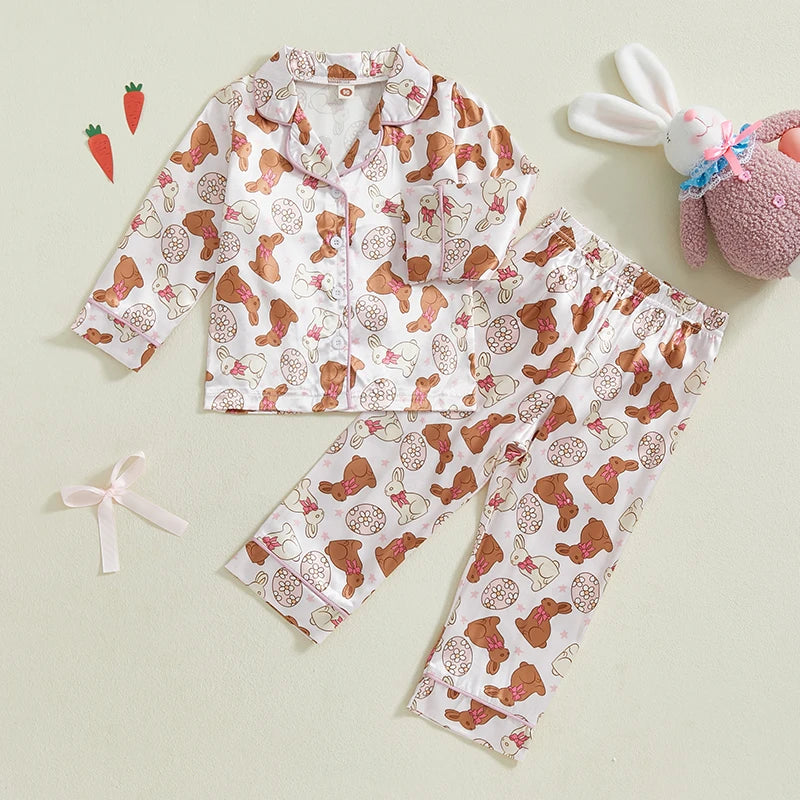 Premium Satin Pajama Set For Toddler Girls Easter Bunny And Carrot Print Long Sleeve Button Up Top And Pants 2 Piece - ToylandEU