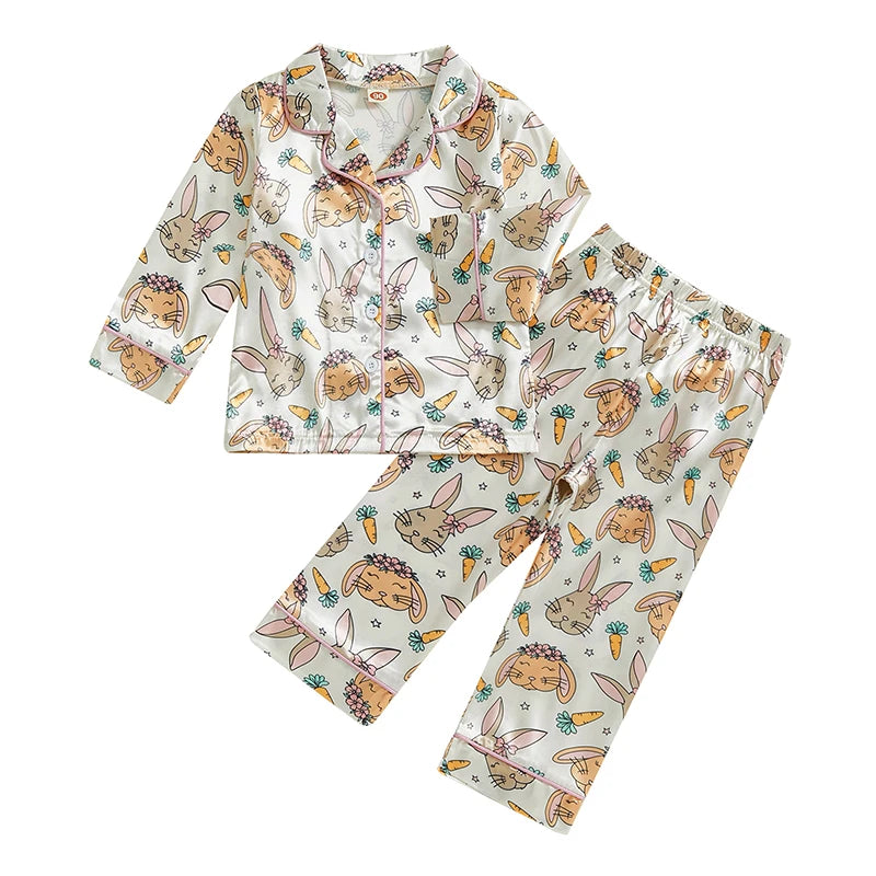 Premium Satin Pajama Set For Toddler Girls Easter Bunny And Carrot Print Long Sleeve Button Up Top And Pants 2 Piece - ToylandEU