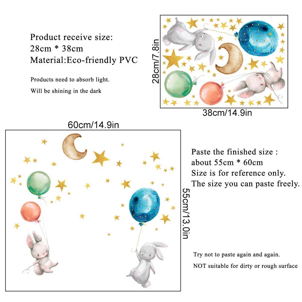 Premium Wall Sticker Bunny Balloon 3D Glow In The Dark Kids - ToylandEU