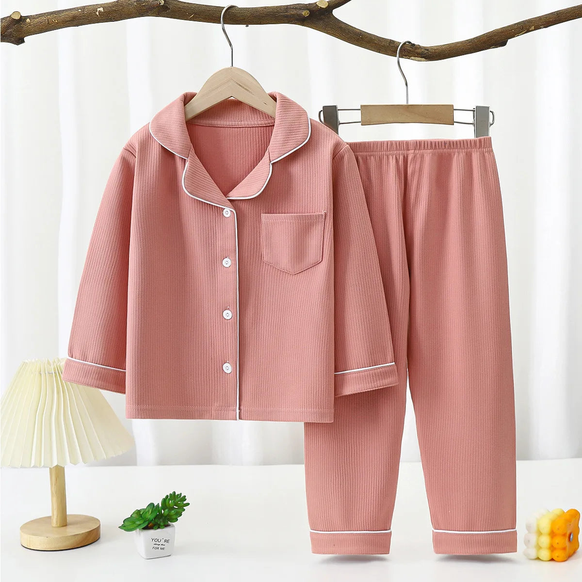 Premium Warm Pajama Set Long Sleeve Lapel Design With Heart Pattern All Seasons For Kids - ToylandEU