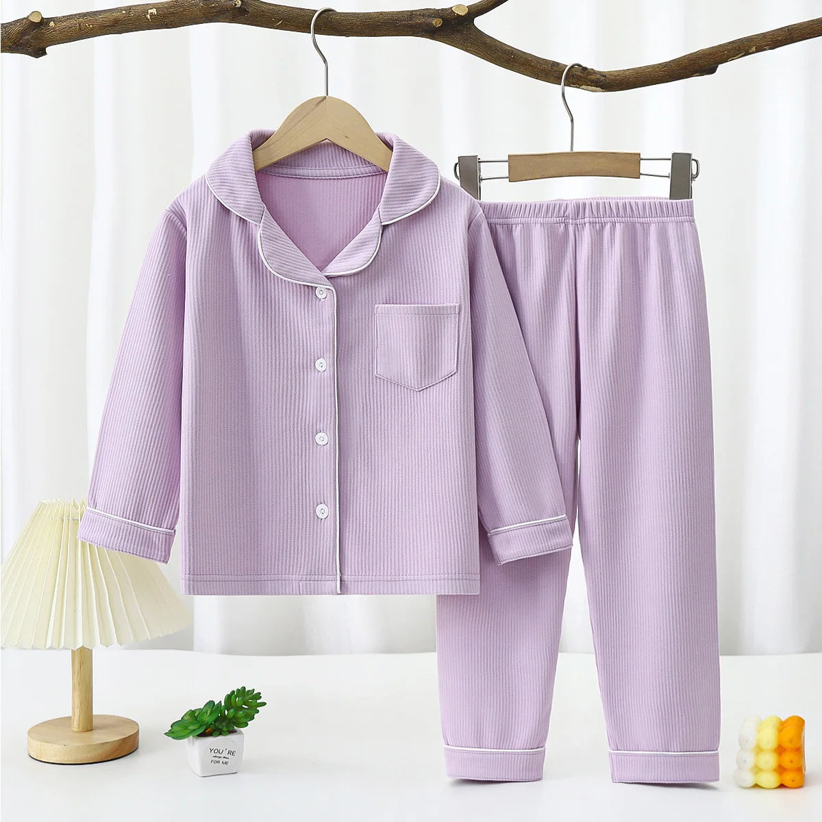Premium Warm Pajama Set Long Sleeve Lapel Design With Heart Pattern All Seasons For Kids - ToylandEU
