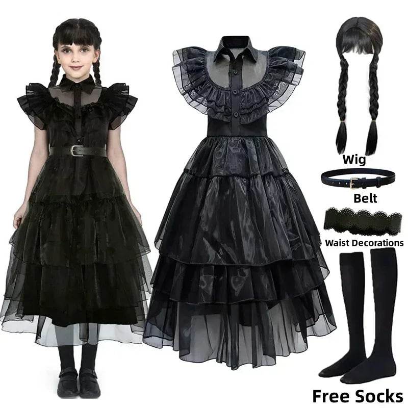 Premium Wednesday Addams Dress Up Costume With Wig For Girls - ToylandEU