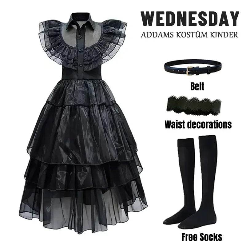 Premium Wednesday Addams Dress Up Costume With Wig For Girls - ToylandEU