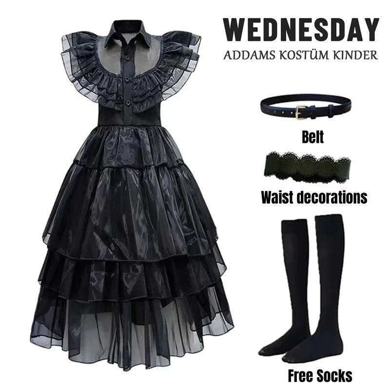 Premium Wednesday Addams Dress Up Costume With Wig For Girls - ToylandEU