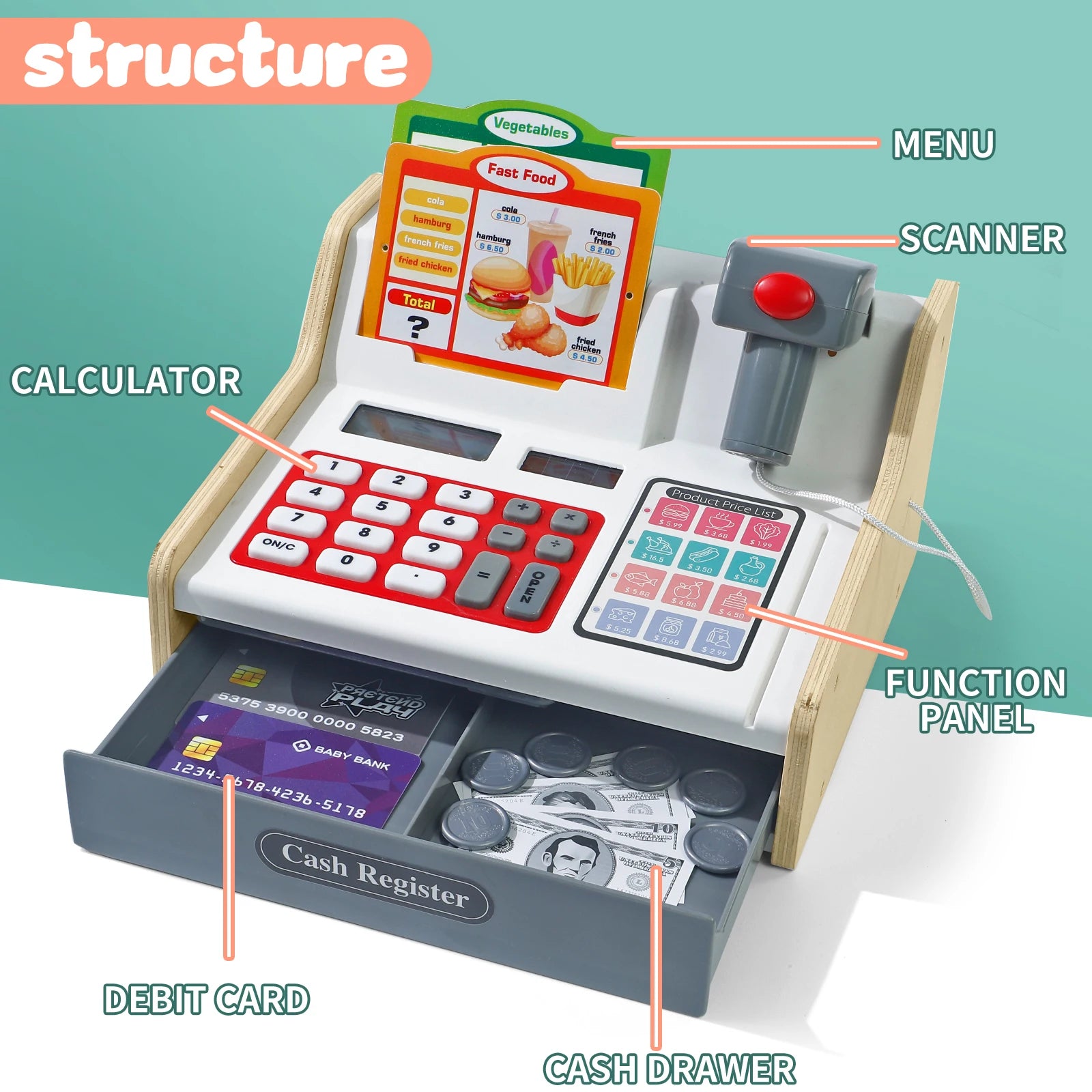 Premium Wooden Cash Register Playset With Real Calculator For 3 To 6 Year Olds Pretend Play Store - ToylandEU