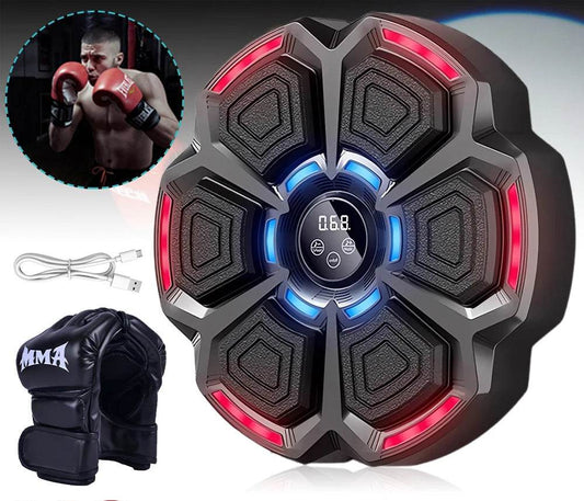 Boxing training device with digital display, boxing glove, and inset of a person boxing.