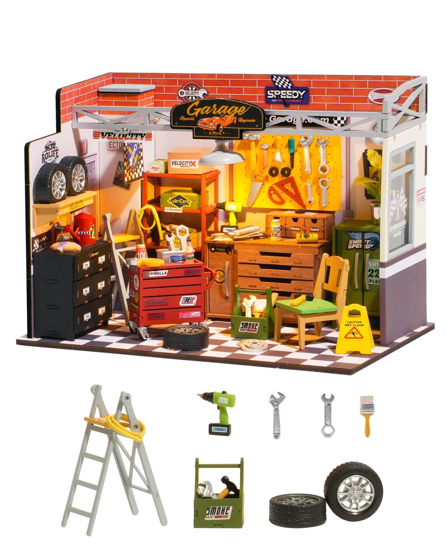 Quality Dollhouse Kit Mini Garage Workshop LED Light Kids - ToylandEU