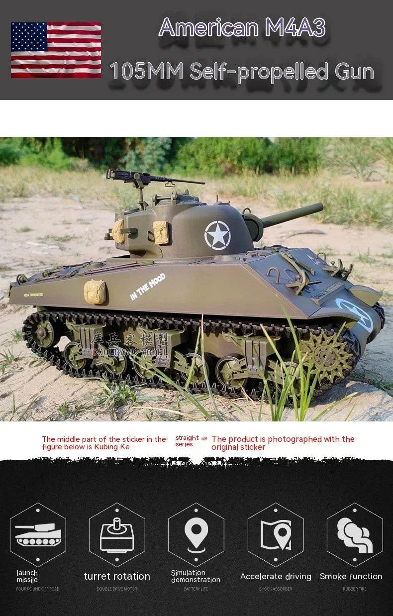 RC 1:16 Scale M4A3 Sherman Electric Remote Control Tank with Telescopic Gun Tube - Military Model Toy - ToylandEU