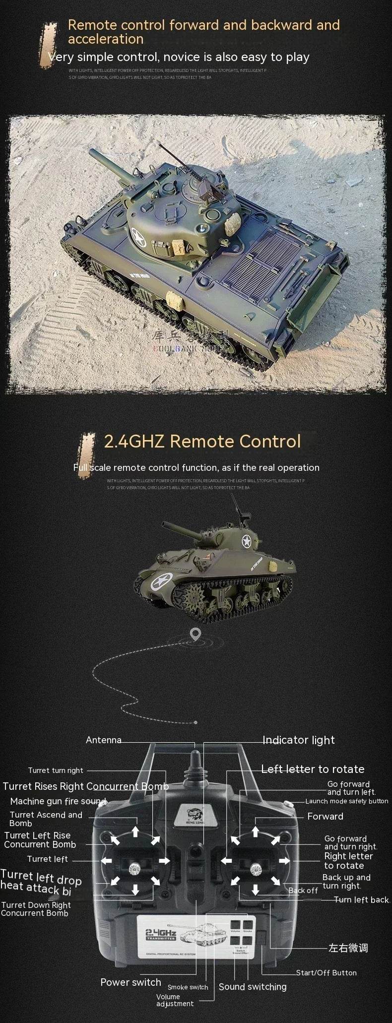 RC 1:16 Scale M4A3 Sherman Electric Remote Control Tank with Telescopic Gun Tube - Military Model Toy - ToylandEU