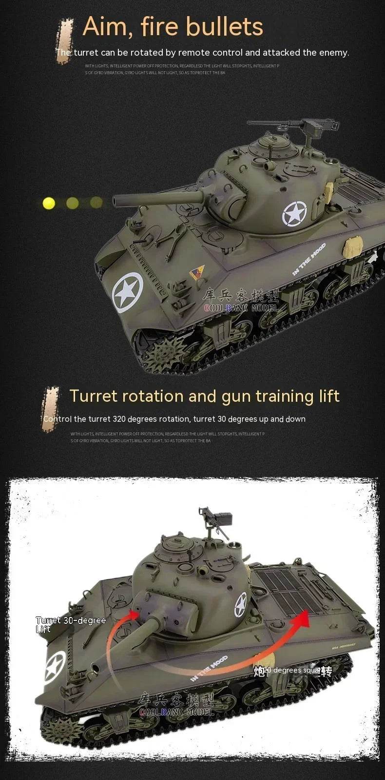 RC 1:16 Scale M4A3 Sherman Electric Remote Control Tank with Telescopic Gun Tube - Military Model Toy - ToylandEU