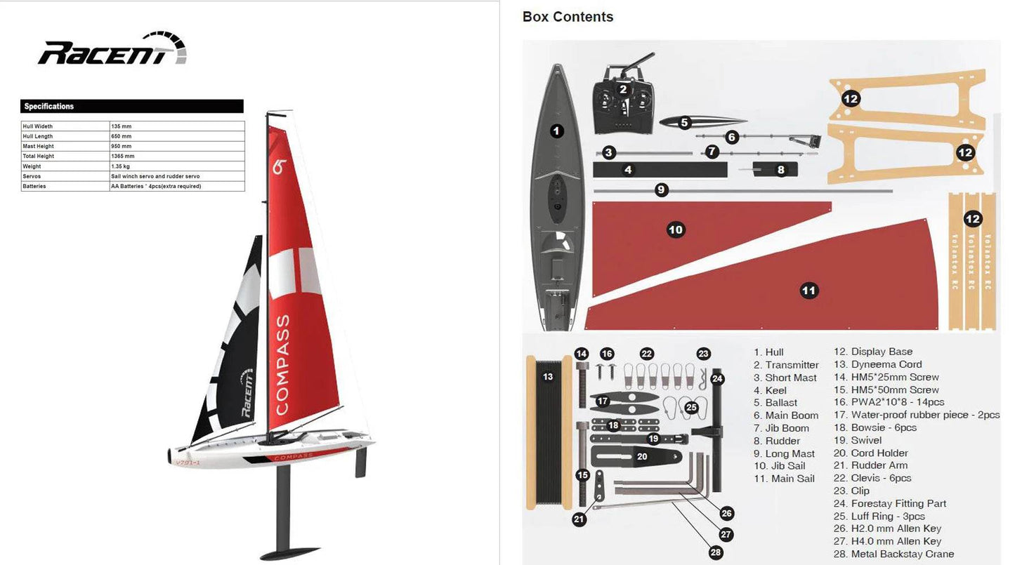 RC 53” Remote Control Sailboat with Compass - Pre-assembled 2.4G Electric RC Boat for Hobbyists and Adults - ToylandEU