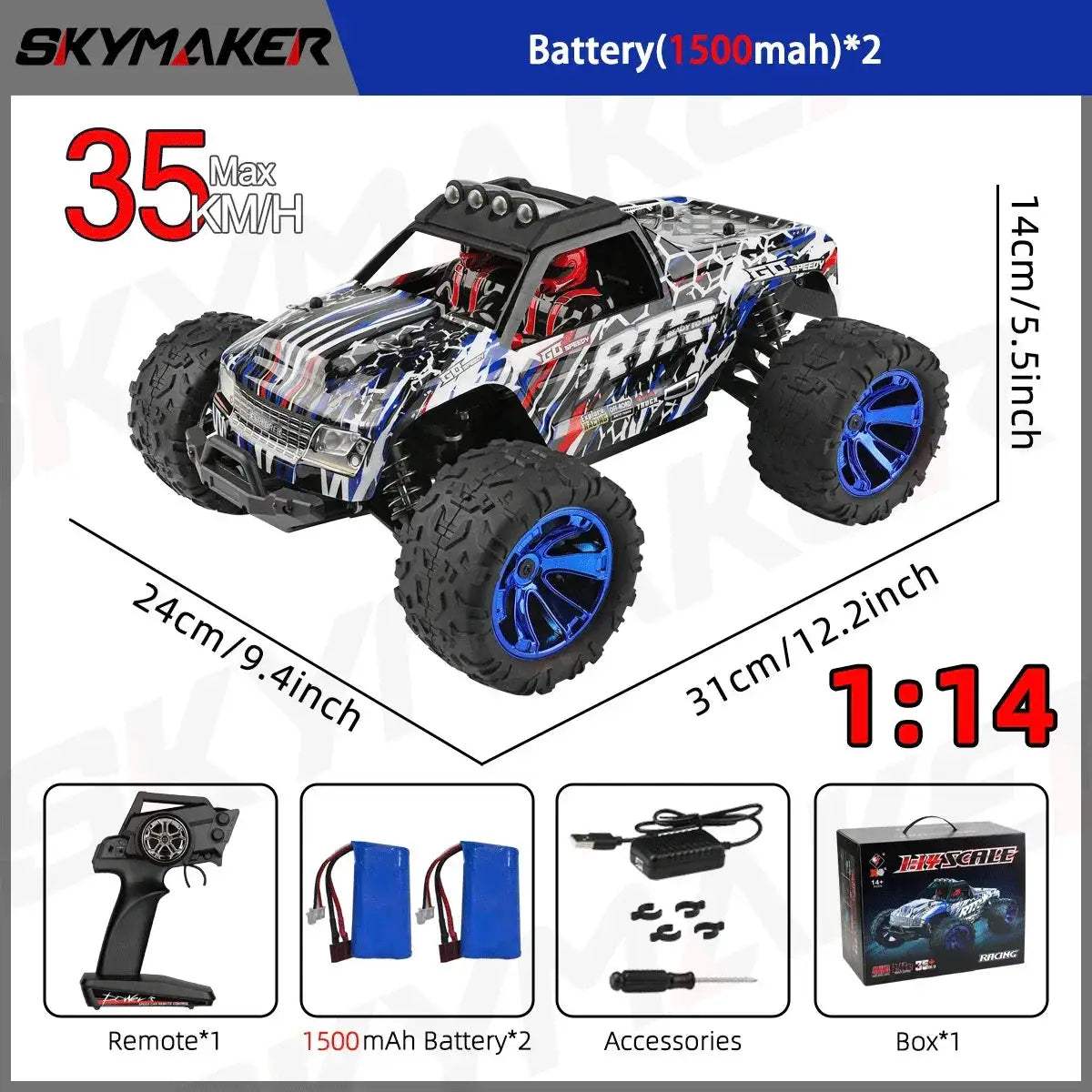 RC Car Off Road Monster Truck 4WD With LED Headlights - ToylandEU