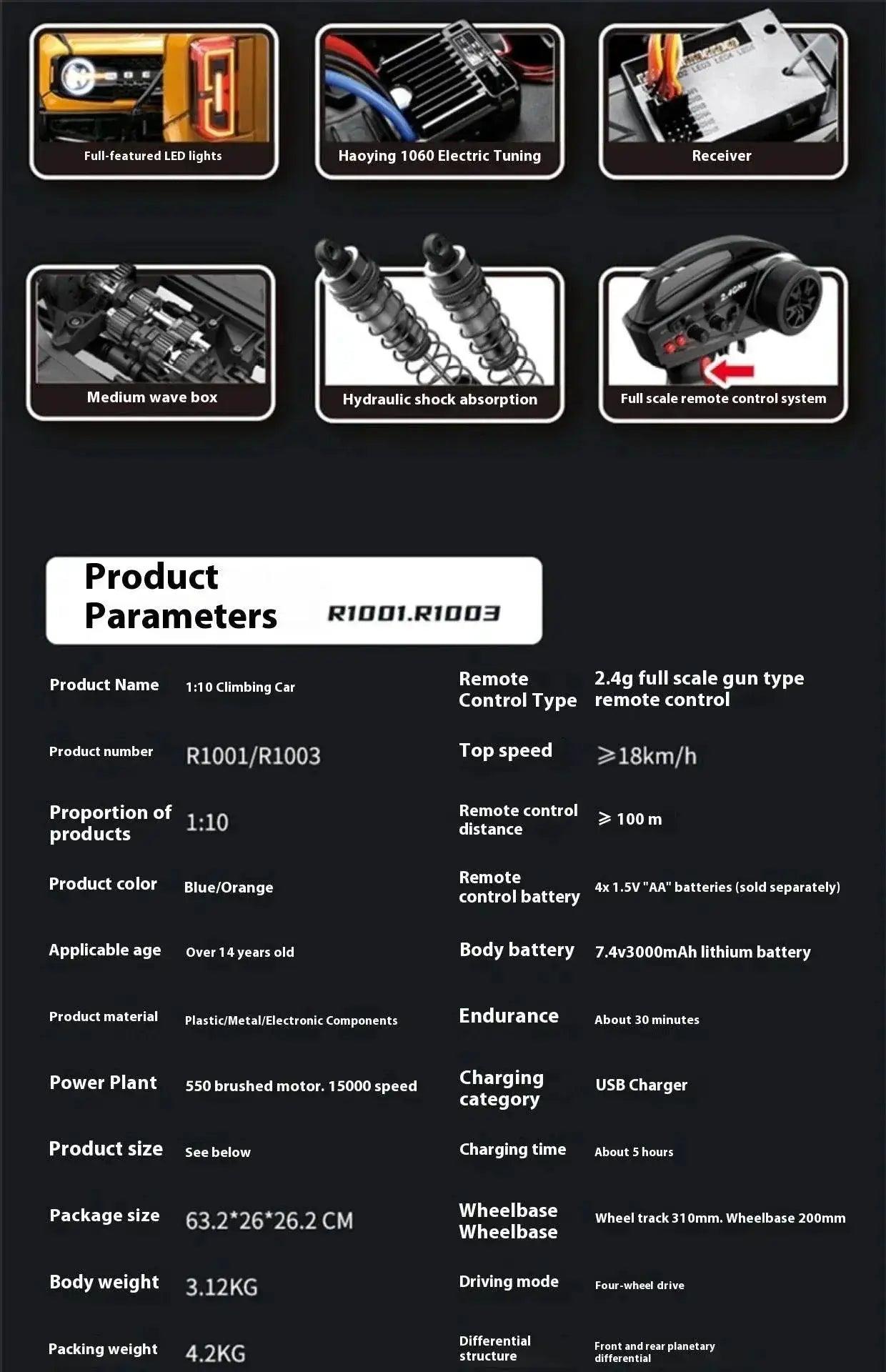  RC Professional 1:10 Scale 4WD Remote Control Off-Road Climbing Car for Adults - High & Low Speed, USB Rechargeable -  ToylandEU™