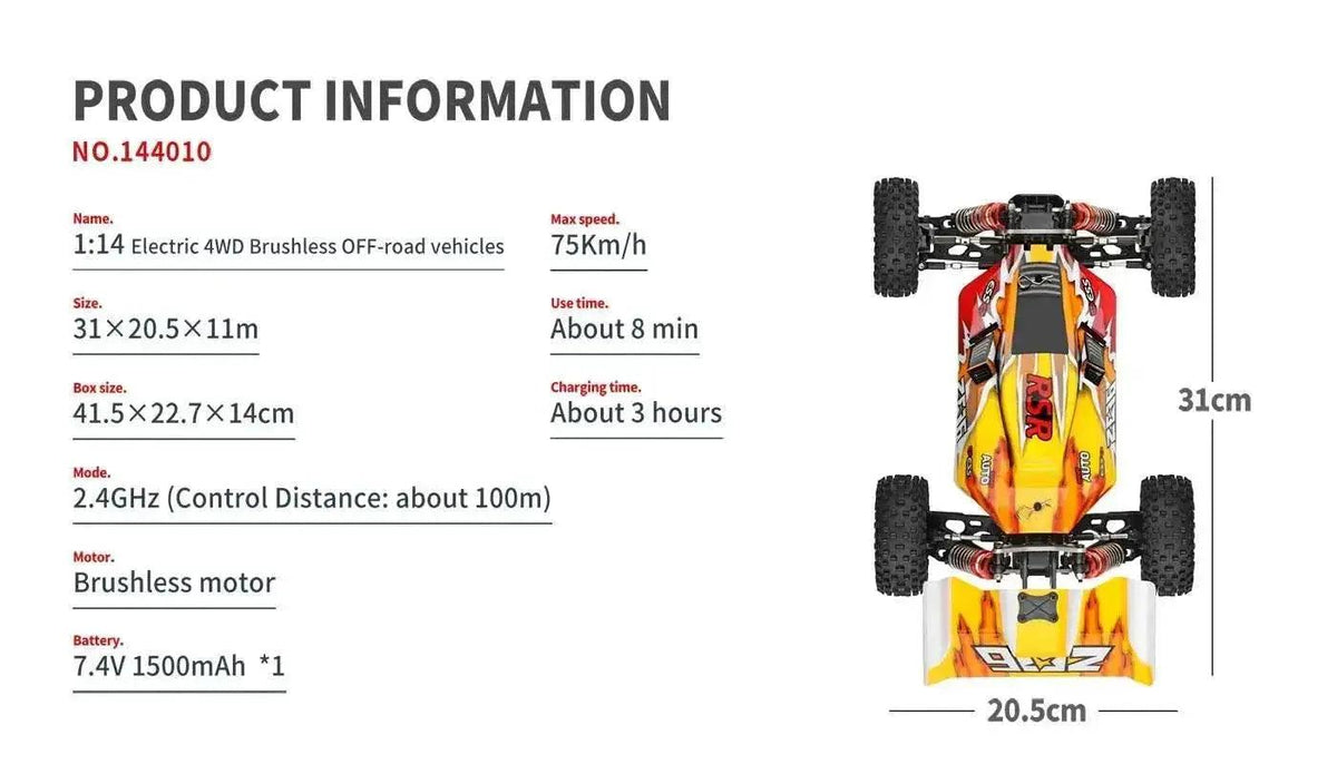  RC WL 144010 V8 1:14 Scale 4WD High-Speed Brushless Motor RC Drift Car - 75Km/H Off-Road Racing Vehicle for Kids -  ToylandEU™