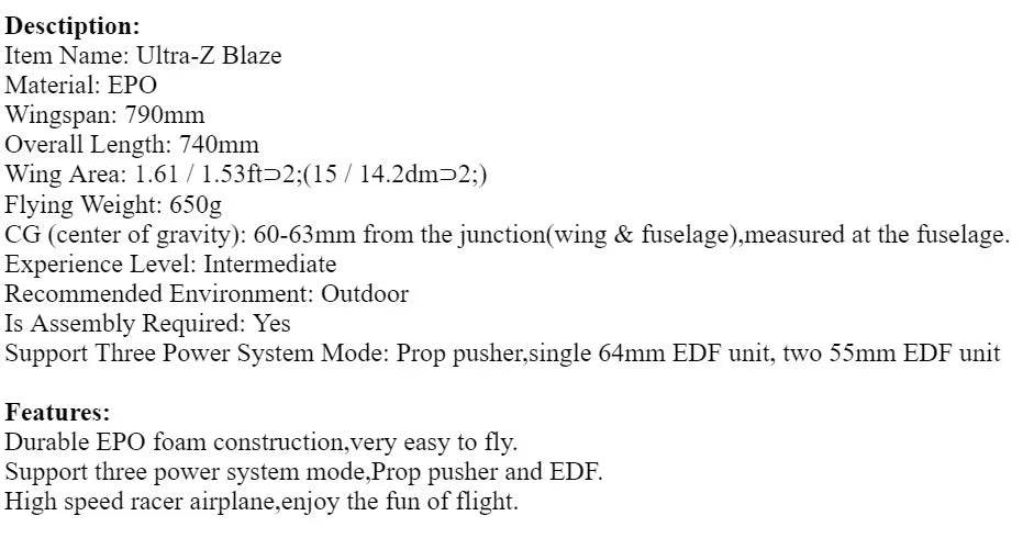 RC EPO Flying Wing Pusher RC Airplane with 790mm Wingspan - Ultra-Z Astro/Blaze Model Kit or PNP Set - ToylandEU
