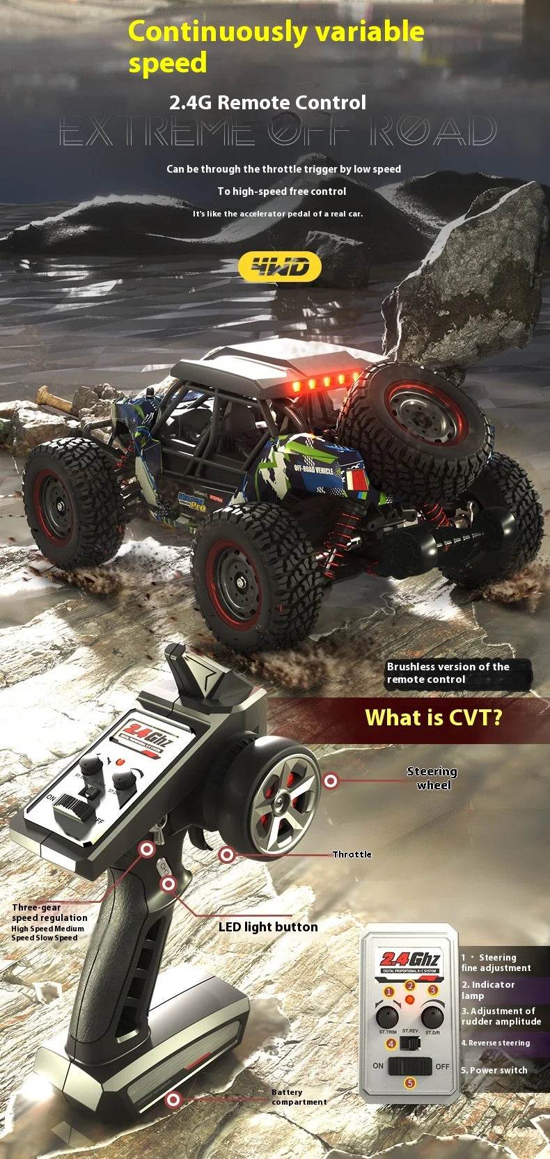 RC High-Speed 1/16 Scale Brushless Electric RC Off-Road Car for Kids and Boys - ToylandEU