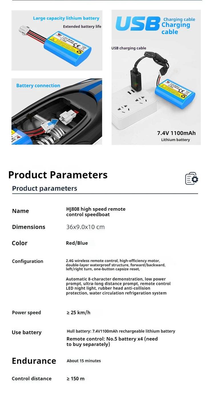 RC High-Speed 25 Km/H Hj808 Remote Control Boat - 2.4G Electric Toy for Kids, Perfect Gift! - ToylandEU