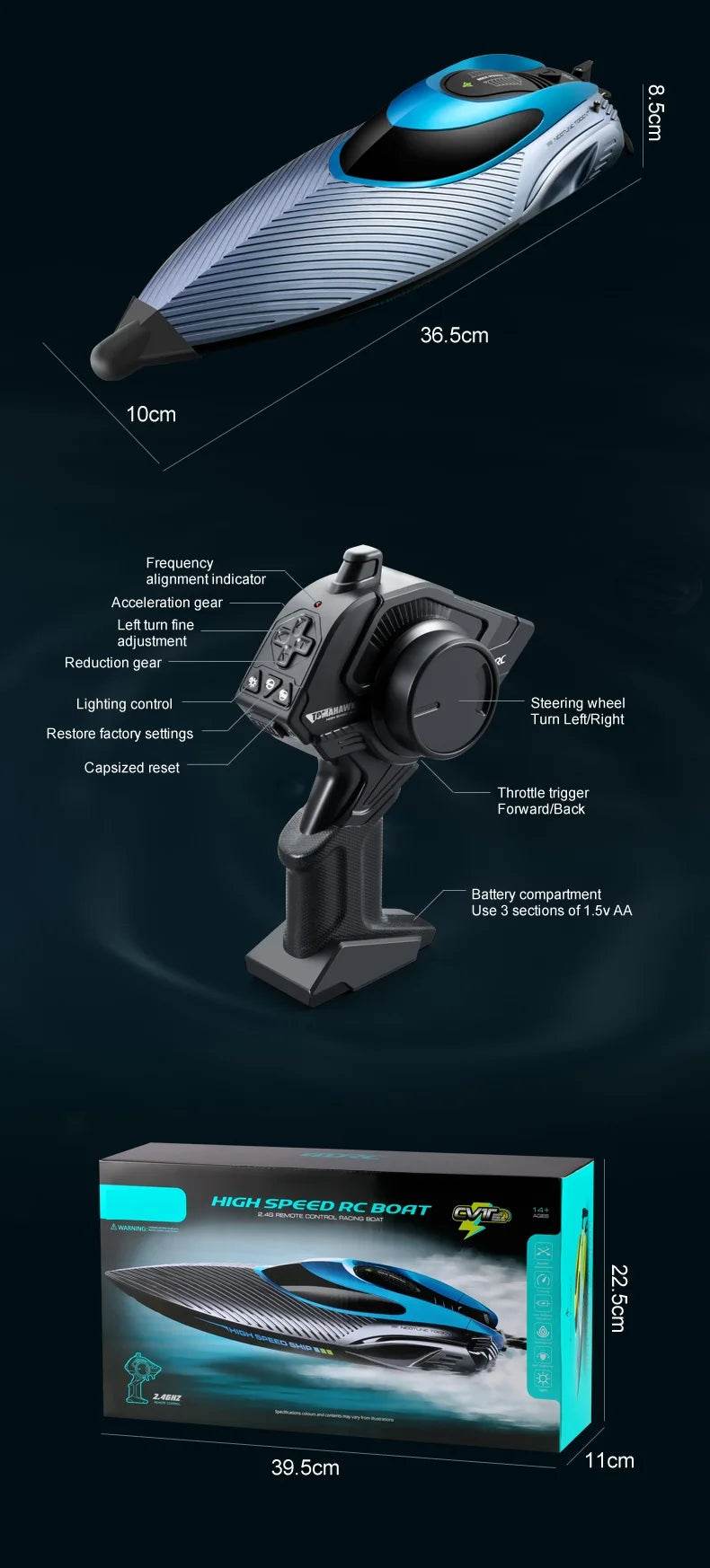 RC High-Speed 45KM/H Remote-Controlled RC Boat for Kids - 36cm Rechargeable Water Racer - ToylandEU