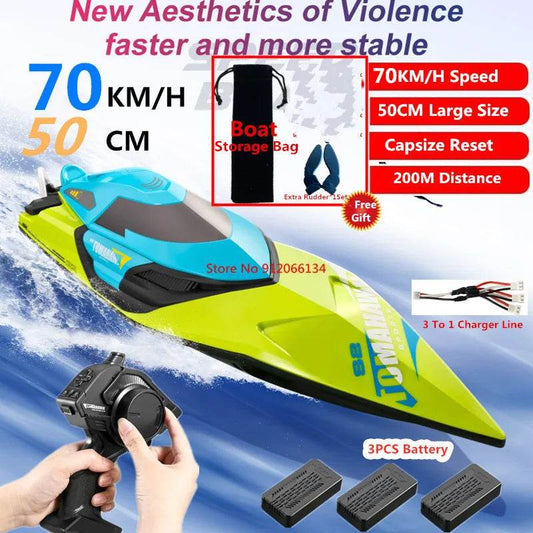 RC High-Speed 70KM/H RC Racing Yacht - Double Layer Waterproof Remote Control Speedboat with Water Cooling System, Capsize Reset Feature, 50CM Oversized Design - ToylandEU
