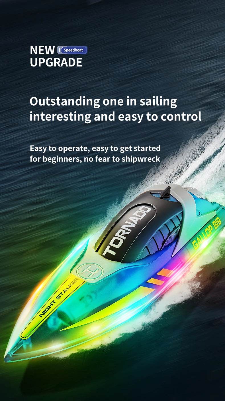 RC High-Speed RC Speedboat with LED Lights - Rechargeable, Waterproof Fun for Kids - 2-Hour Endurance Outdoor Toy - ToylandEU