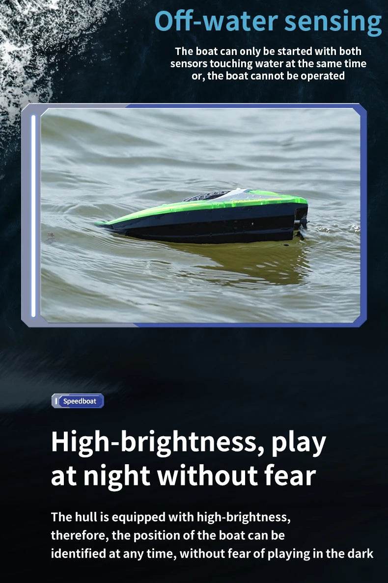 RC High-Speed RC Speedboat with LED Lights - Rechargeable, Waterproof Fun for Kids - 2-Hour Endurance Outdoor Toy - ToylandEU