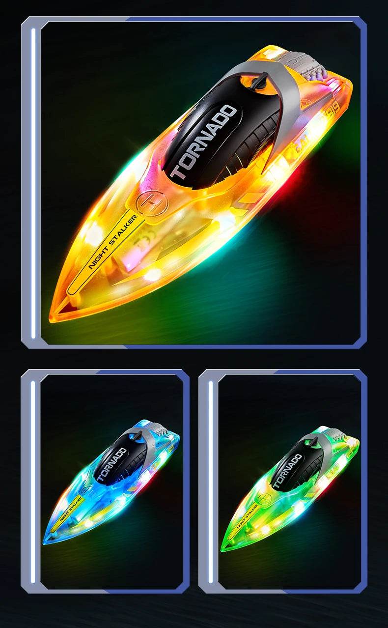 RC High-Speed RC Speedboat with LED Lights - Rechargeable, Waterproof Fun for Kids - 2-Hour Endurance Outdoor Toy - ToylandEU
