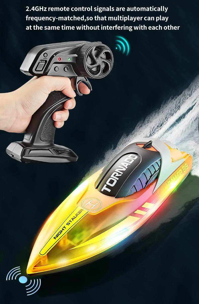 RC High-Speed RC Speedboat with LED Lights - Rechargeable, Waterproof Fun for Kids - 2-Hour Endurance Outdoor Toy - ToylandEU