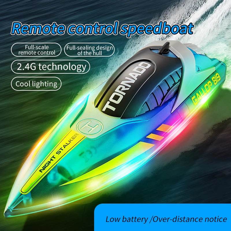 RC High-Speed Remote Control RC Speedboat with LED Lights - Rechargeable, Waterproof & 2-Hour Endurance for Kids Outdoor Fun - ToylandEU