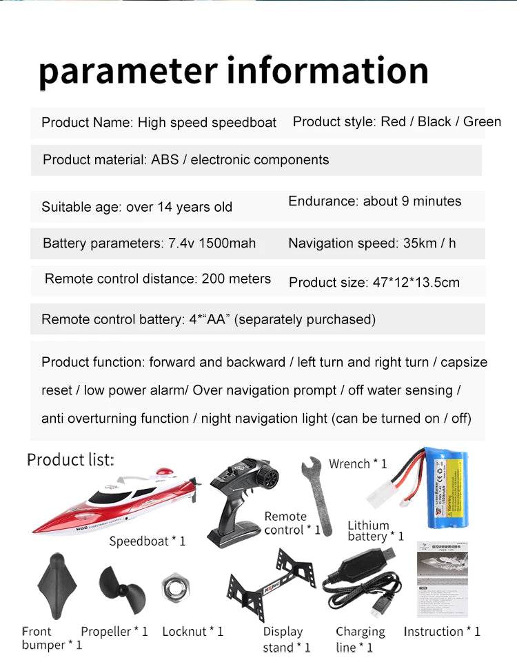 RC High-Speed Remote Control Speedboat with Night Light and Capsize Reset - Ideal Gift for Kids (Model HJ806) - ToylandEU