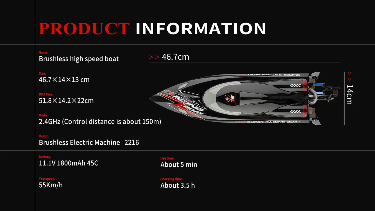 RC High-Speed WL916 RC Racing Boat - 55KM/H Brushless Speedboat with Dual Batteries for Adults - ToylandEU