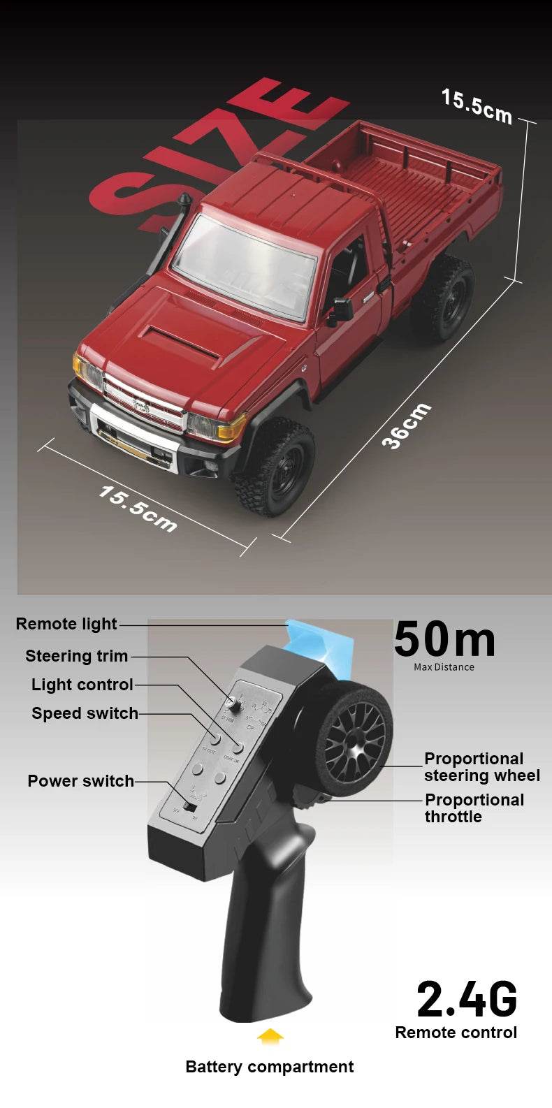 RC JJRC MN82 1:12 Scale 4x4 Remote Control Pickup Truck with LED Lights - Simulation Model for Kids & Hobbyists - ToylandEU