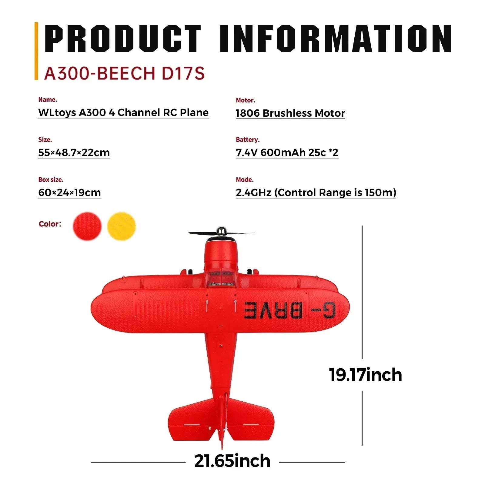 RC Plane Brushless Beechcraft D17 With LED Lights For Outdoors - ToylandEU