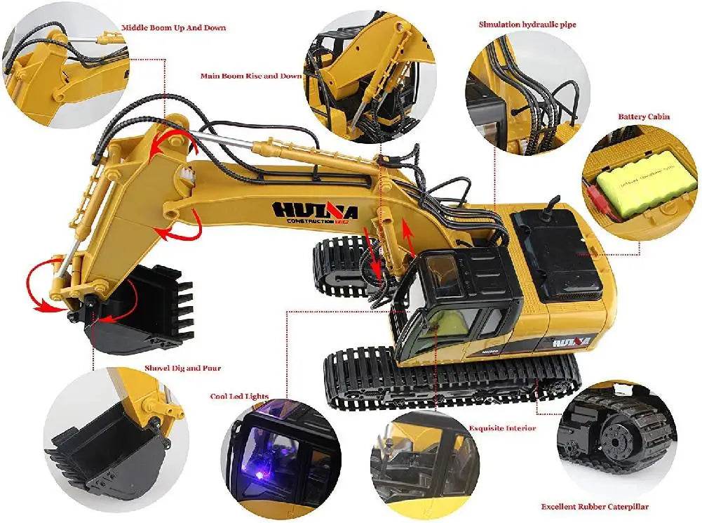 RC Remote Control 1:14 Yellow Excavator with 15 Channels & Rechargeable Battery - ToylandEU