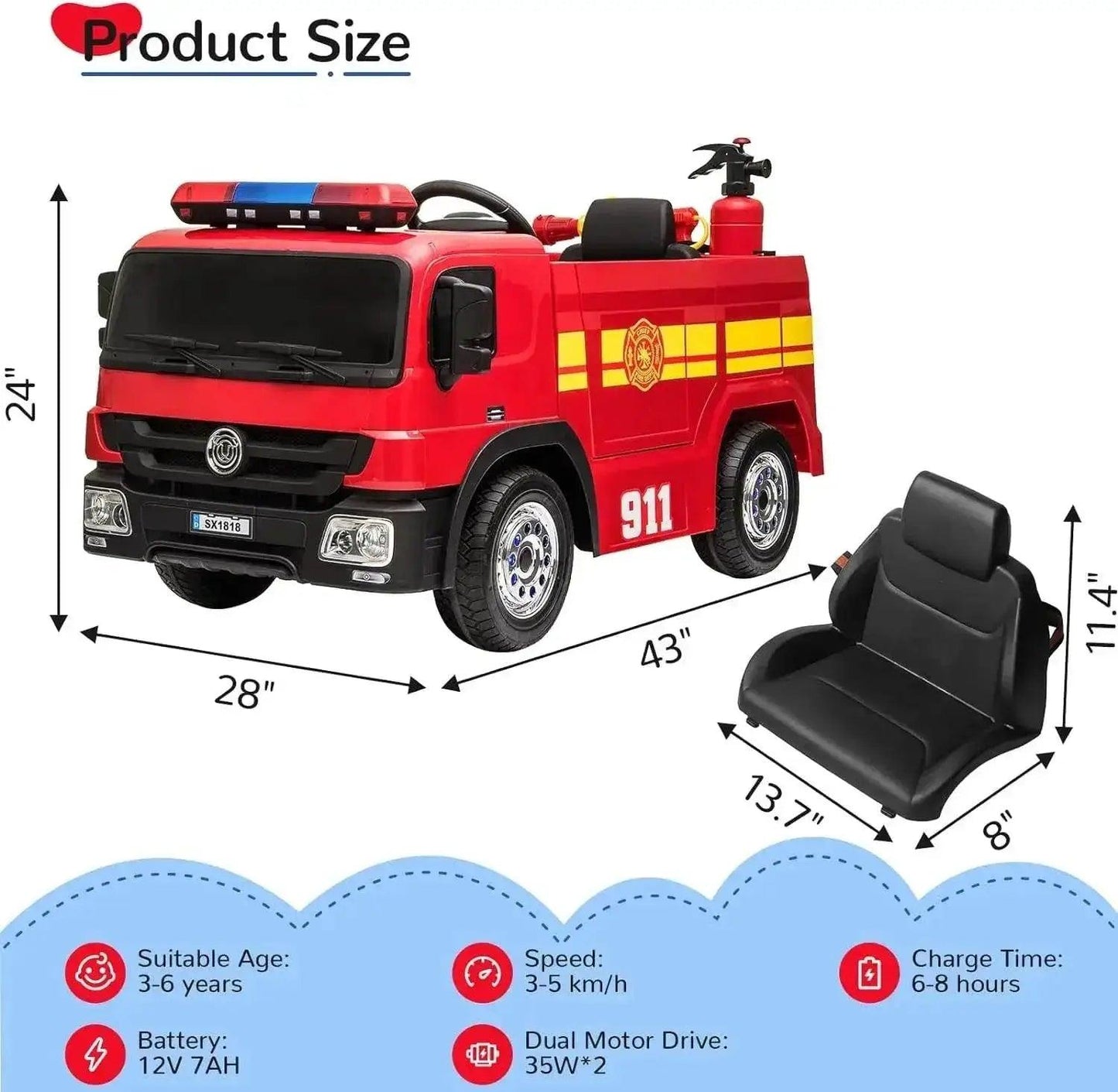  RC Remote Control Kids 12V Electric Fire Truck Ride-On Car for Ages 3-12 -  ToylandEU™