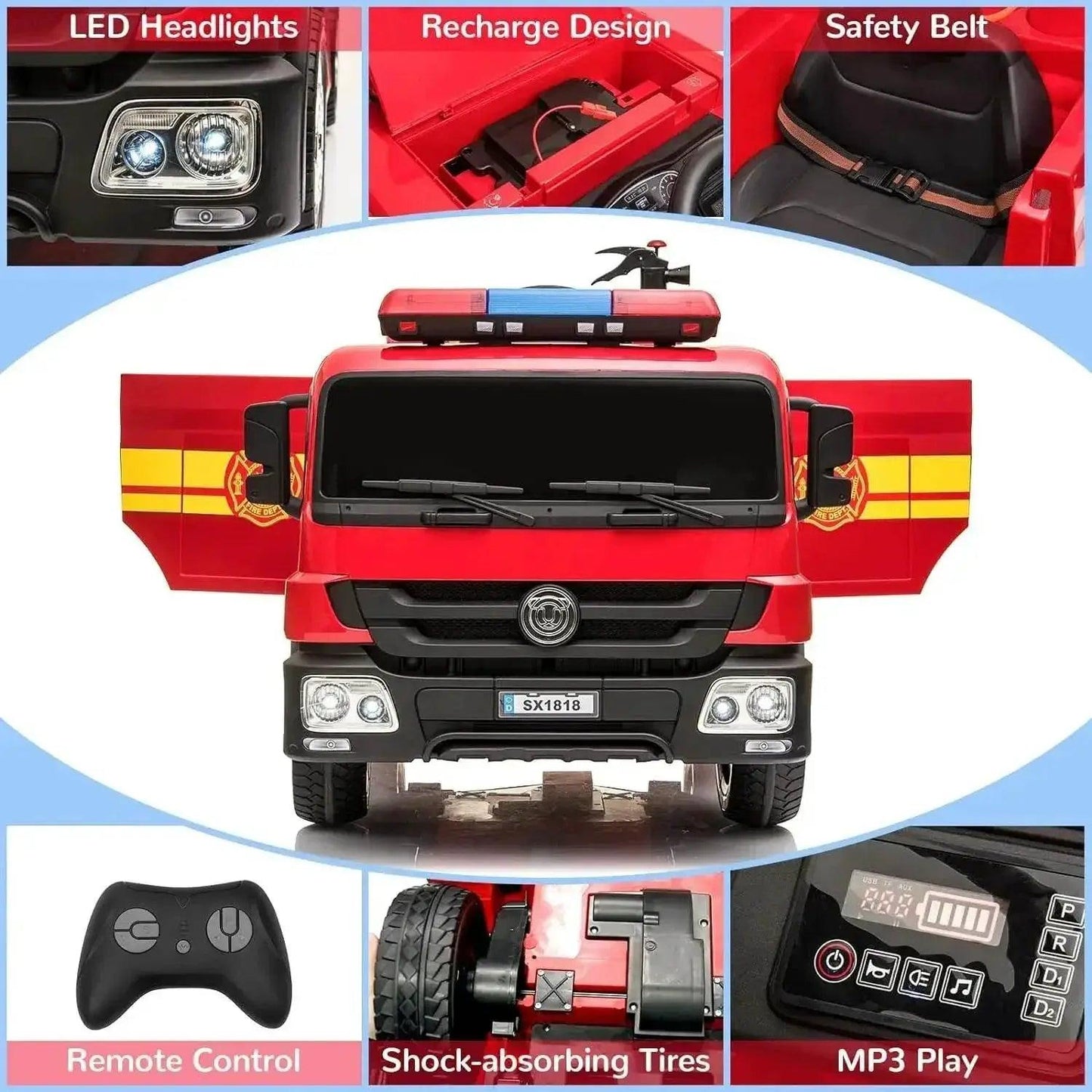  RC Remote Control Kids 12V Electric Fire Truck Ride-On Car for Ages 3-12 -  ToylandEU™