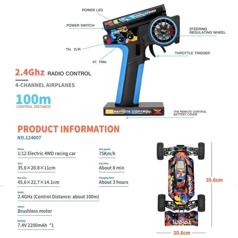  RC 124007 & 124019 High-Speed 1:12 Electric 4WD RC Racing Cars - 75KM/H & 55KM/H Drift Crawler with 3000mAh Battery -  ToylandEU™